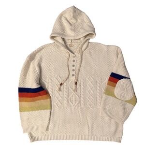 POL Heavyweight Cream Cable Knit Rainbow Striped Sleeve Hoodie Sweater, L